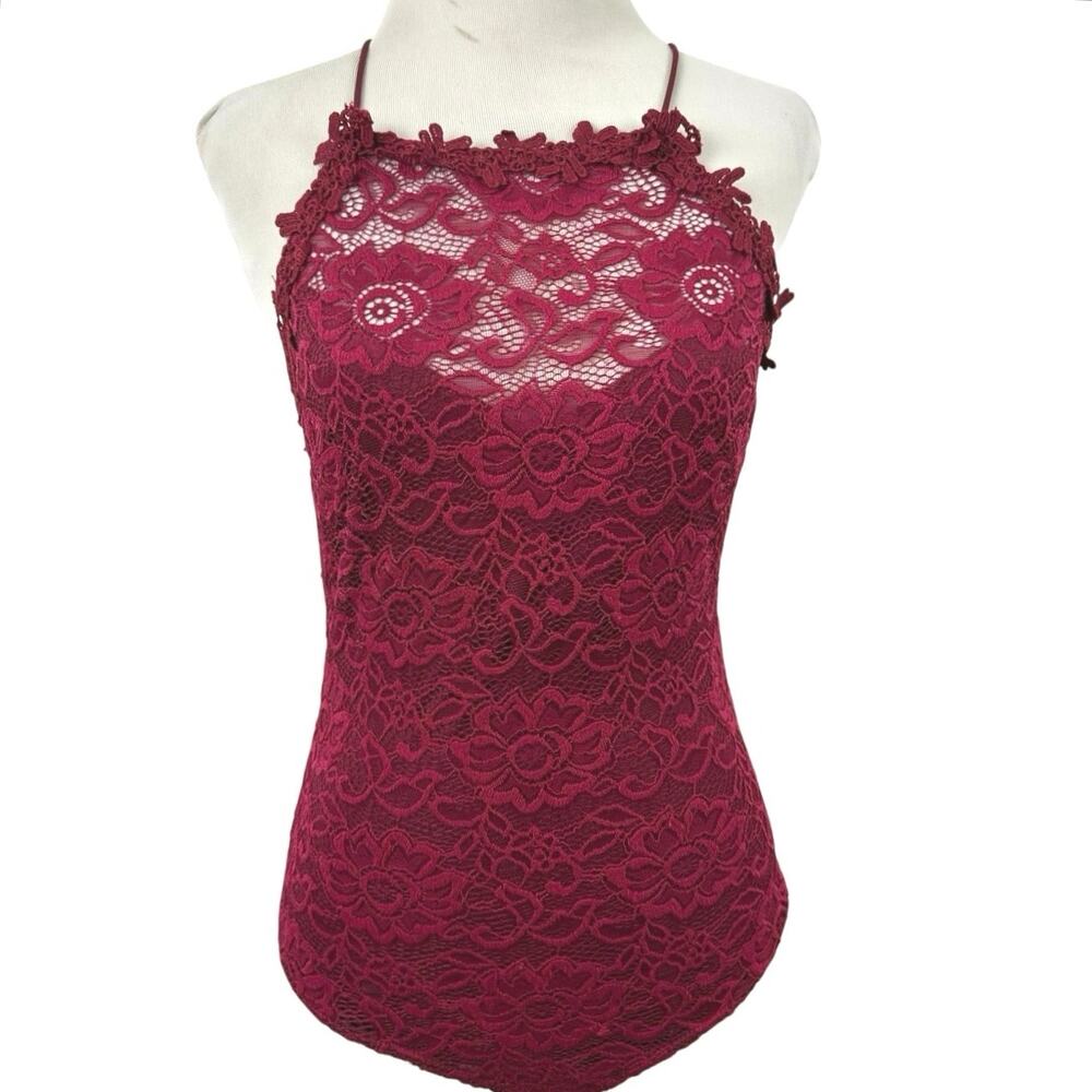 Charlotte Russe Burgundy Floral Lace Bodysuit Cami Strappy Open Back Size M